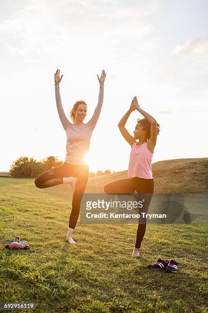 happy mother and daughter practicing yoga on grass at park during sunset - park family sunset stock pictures, royalty-free photos & images