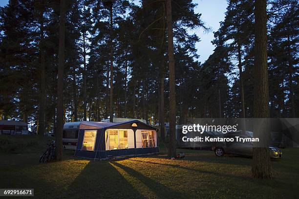 caravans parked in travel trailer park by illuminated tent amidst trees at dusk - mobile home photos et images de collection