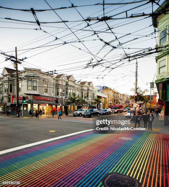 san francisco castro street gay district city scene with rainbow crosswalks - castro district stock pictures, royalty-free photos & images