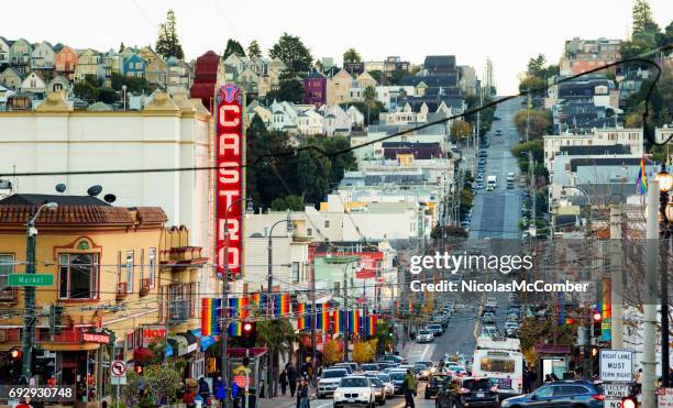 san francisco castro street gay district city scene late winter afternoon - castro district stock pictures, royalty-free photos & images