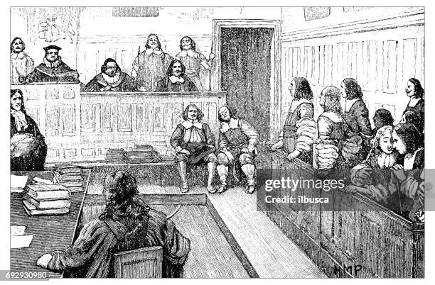 antique engraving illustration: trial - courthouse stock illustrations