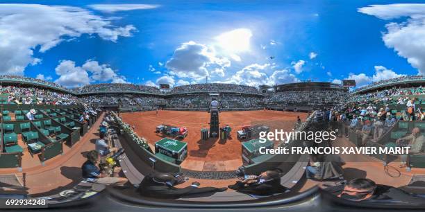 This 360 image shows a general view of the Roland Garros central court Philippe Chatrier during the game beetwen, Spain's Carla Suarez and Romania's...