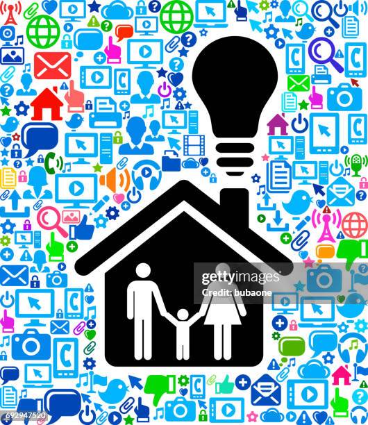 family home technology web vector background pattern - kid holding tablet stock illustrations