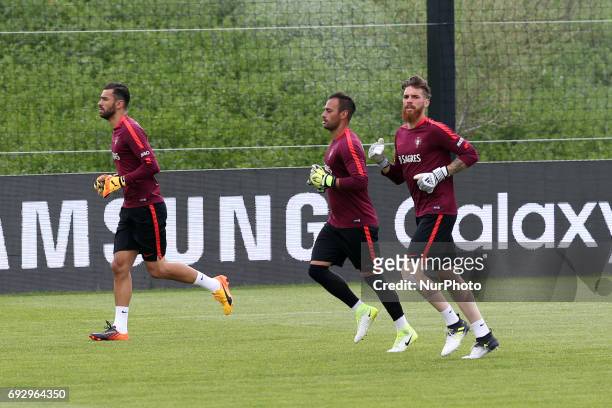 Portugal's goalkeeper Rui Patricio , Portugal's goalkeeper Beto and Portugal's goalkeeper Jose Sa in action during a training session at &quot;Cidade...