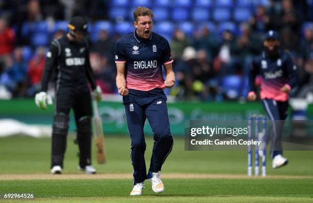 Jake Ball of England celebrates dismissing Luke Ronchi of New Zealand during the ICC Champions Trophy match between England v New Zealand at SWALEC...