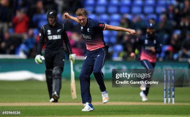 Jake Ball of England celebrates dismissing Luke Ronchi of New Zealand during the ICC Champions Trophy match between England v New Zealand at SWALEC...