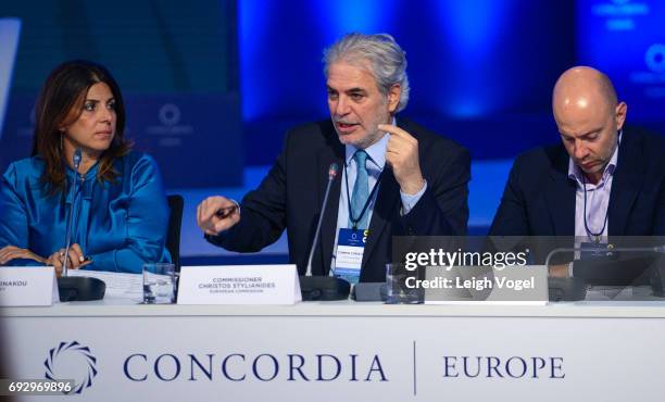 Commissioner Christos Stylianides, European Commission, participates in a discussion during the Concordia Europe Summit on June 6, 2017 in Athens,...