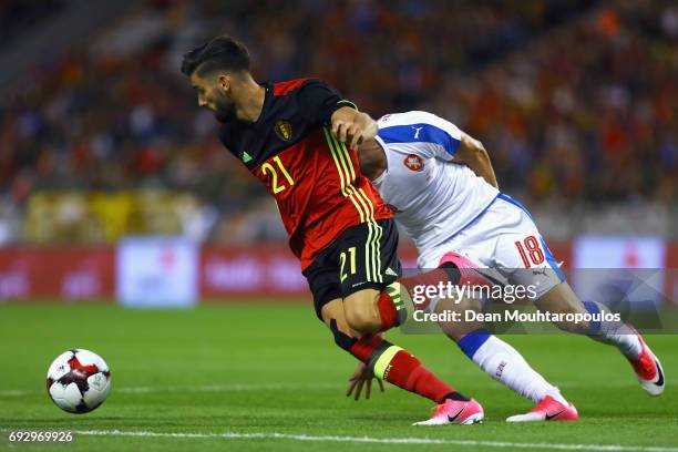 Yannick Carrasco of Belgiumgets past the tackle from Ondrej Celustka of the Czech Republic during the International Friendly match between Belgium...