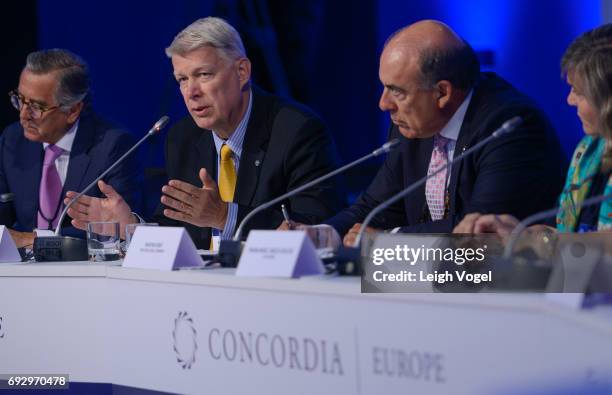 Valdis Zatlers, former President, Republic of Latvia, participates in a discussion during the Concordia Europe Summit on June 6, 2017 in Athens,...