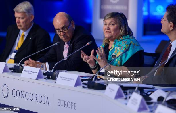 Maria Noel Vaeza, Director of Programme, DIVISION, participates in a discussion during the Concordia Europe Summit on June 6, 2017 in Athens, Greece.