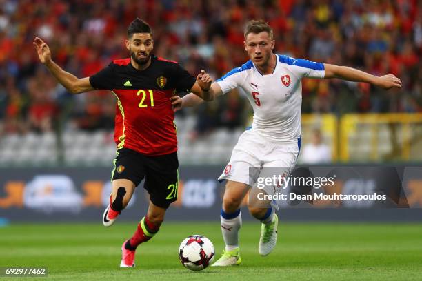 Yannick Carrasco of Belgium battles for the ball with Jakub Brabec of the Czech Republic during the International Friendly match between Belgium and...