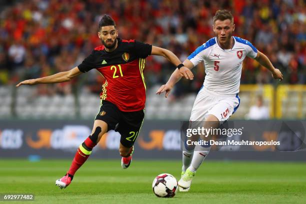 Yannick Carrasco of Belgium battles for the ball with Jakub Brabec of the Czech Republic during the International Friendly match between Belgium and...