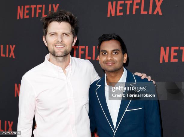 Adam Scott and Aziz Ansari attend Netflix's 'Master Of None' for your consideration event at Saban Media Center on June 5, 2017 in North Hollywood,...