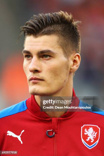 Patrik Schick of the Czech Republic stand for the national anthem prior to the International Friendly match between Belgium and Czech Republic at...