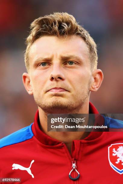 Ladislav Krejci of the Czech Republic stand for the national anthem prior to the International Friendly match between Belgium and Czech Republic at...