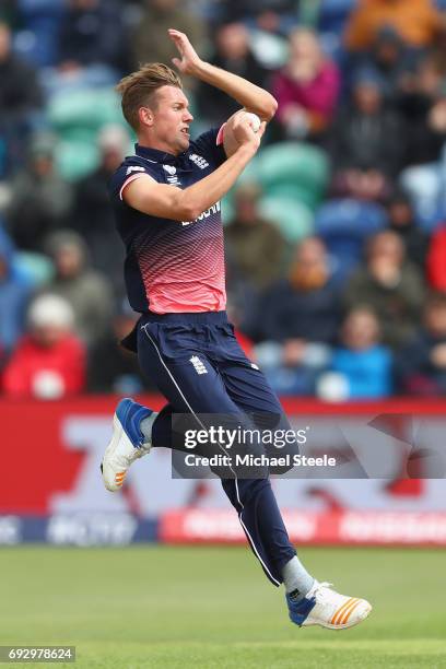 Jake Ball of England during the ICC Champions Trophy match between England and New Zealand at the SWALEC Stadium on June 6, 2017 in Cardiff, Wales.
