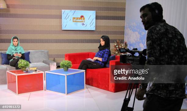 Afghan presenters record their morning TV program at the first women's TV channel Zan TV station in Kabul, Afghanistan on June 6, 2017.