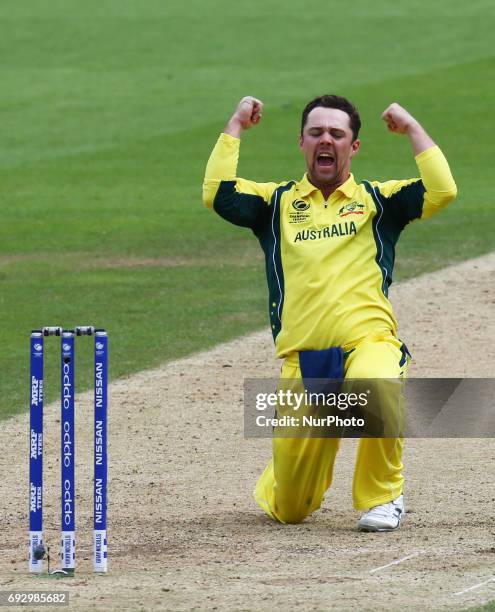 Travis Head of Australia celebrates LBW on Shakib Al Hasan of Bangladesh during the ICC Champions Trophy match Group A between Australia and...