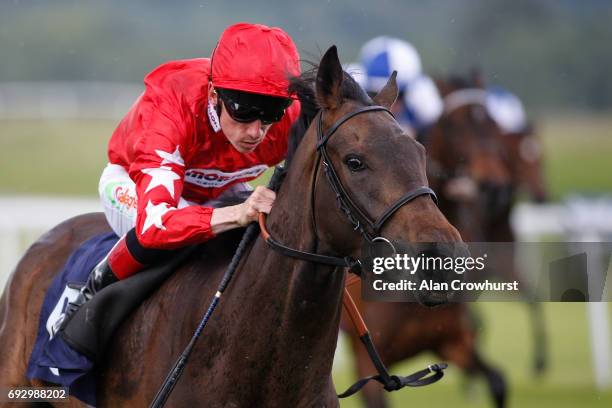 Shane Kelly riding Twenty Times win The GD Enviromental - Taking Waste Further Filliesâ Handicap Stakes at Chepstow racecourse on June 6, 2017 in...