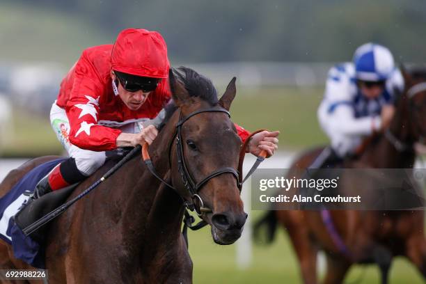 Shane Kelly riding Twenty Times win The GD Enviromental - Taking Waste Further Filliesâ Handicap Stakes at Chepstow racecourse on June 6, 2017 in...