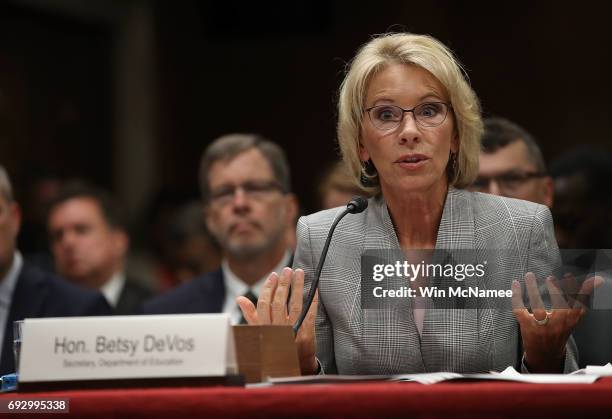 Education Secretary Betsy DeVos testifies before the Senate Appropriations Committee on Capitol Hill June 6, 2017 in Washington, DC. DeVos testified...