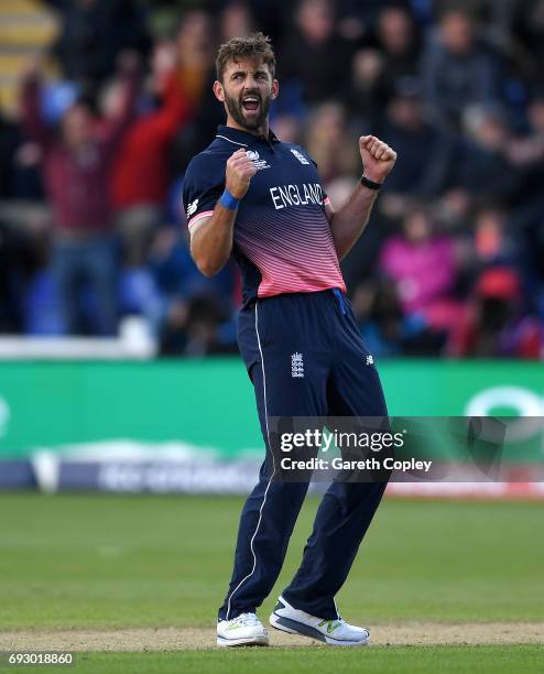 Liam Plunkett of England celebrates dismssing James Neesham of New Zealand during the ICC Champions Trophy match between England v New Zealand at...