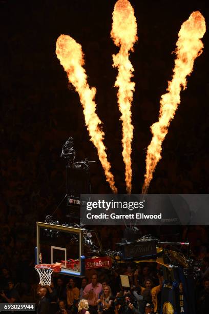 View of the pyrotechnics during introductions between the Cleveland Cavaliers and the Golden State Warriors at Game Two of the 2017 NBA Finals on...