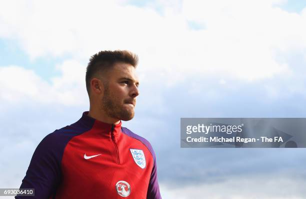 Jack Butland of England looks on during England media access at St George's Park on June 6, 2017 in Burton-upon-Trent, England.