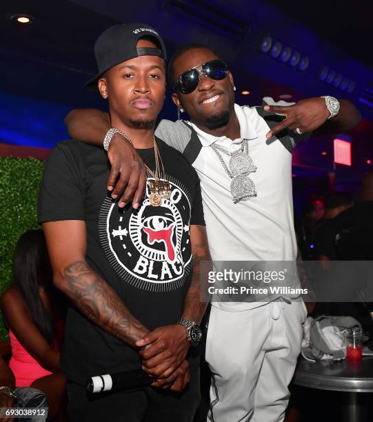 Radio Personality Ferrari Simmons and Rapper Ralo attend Pierre 'Pee' Thomas Birthday Celebration at Gold Room QC Grand Casino on June 6, 2017 in...
