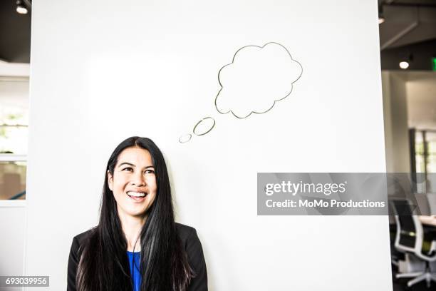 portrait of businesswoman with idea bubble - speech bubble people stock pictures, royalty-free photos & images
