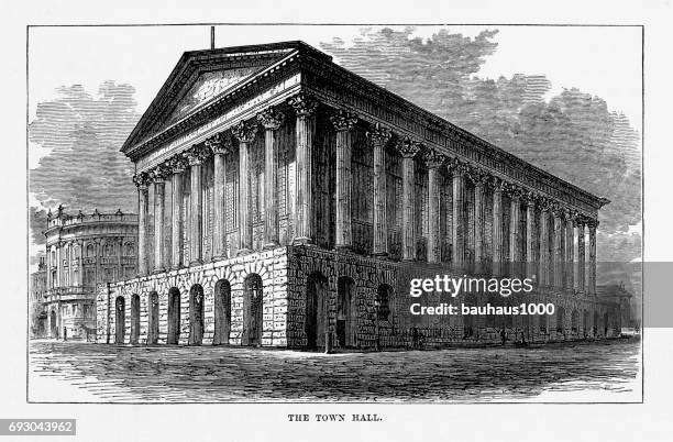 town hall, birmingham, midlands, england victorian engraving, 1840 - city hall stock illustrations