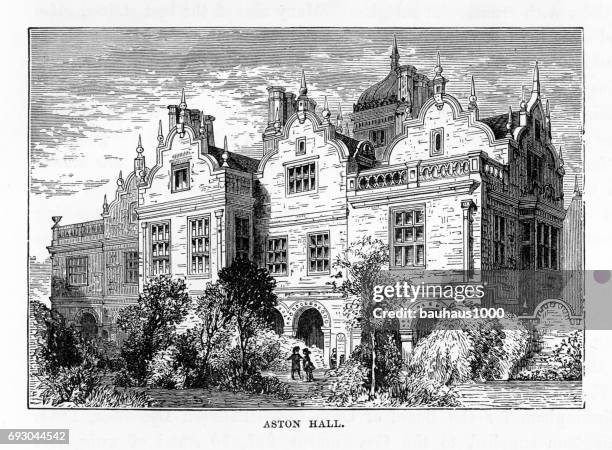 aston, aston hall, birmingham, midlands, england victorian engraving, 1840 - victorian mansion stock illustrations