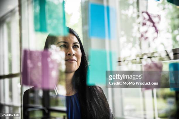 businesswoman looking at idea notes on glass wall - inspiration wall stock pictures, royalty-free photos & images