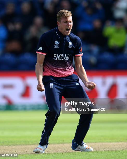 Jake Ball of England celebrates after dismissing Ross Taylor of New Zealand during the ICC Champions Trophy match between England and New Zealand at...