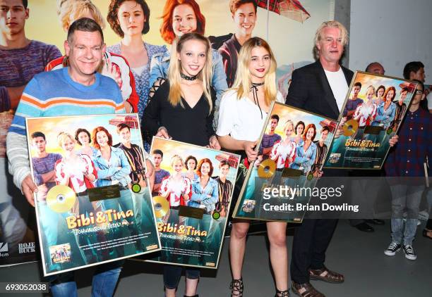Peter Plate, Lina Larissa Strahl, Lisa Maria Koroll and director Detlev Buck attend the Bibi and Tina photo call and award reception at Atelier on...