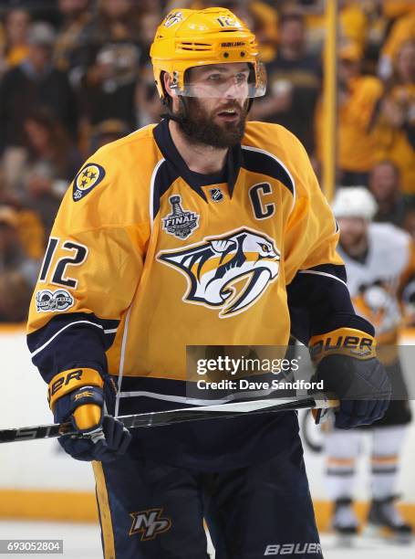 Mike Fisher of the Nashville Predators plays in Game Four of the 2017 NHL Stanley Cup Final at Bridgestone Arena against the Pittsburgh Penguins on...