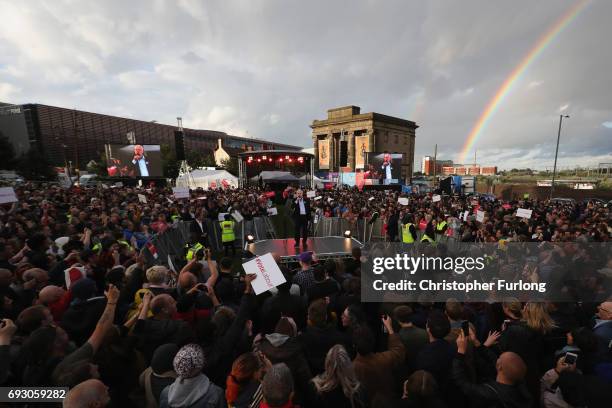 Labour Leader Jeremy Corbyn delivers a speech during an open air rally in New Canal Street on June 6, 2017 in Birmingham, United Kingdom. Political...