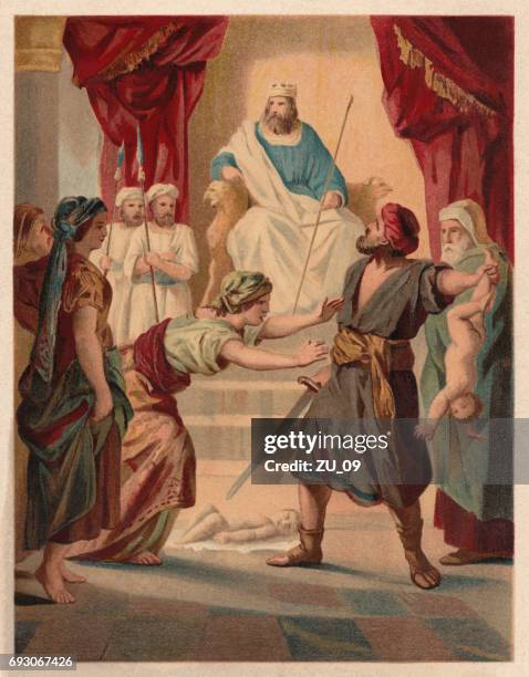 judgement of solomon (1 kings 3, 16-28), chromolithograph, published 1886 - judgement stock illustrations