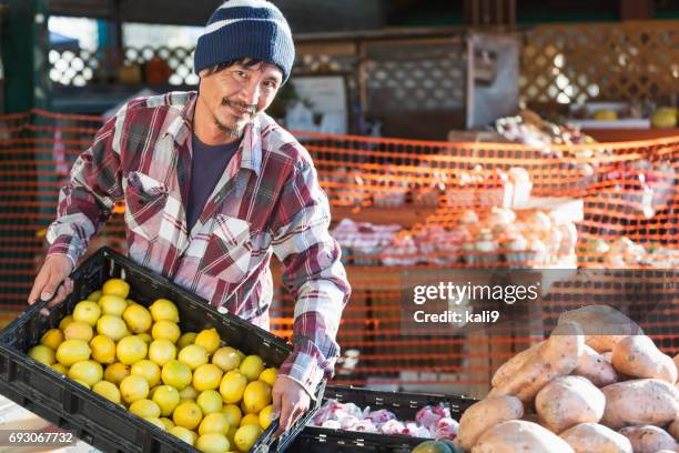 hombre asiático trabajando en el stand de producto - puesto de mercado agrícola fotografías e imágenes de stock