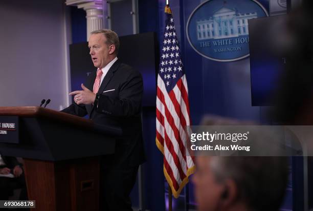 White House Press Secretary Sean Spicer speaks during the daily briefing at the James Brady Press Briefing Room of the White House June 6, 2017 in...