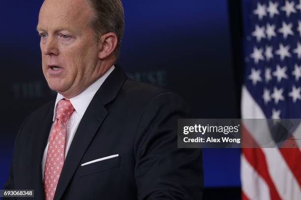 White House Press Secretary Sean Spicer speaks during the daily briefing at the James Brady Press Briefing Room of the White House June 6, 2017 in...