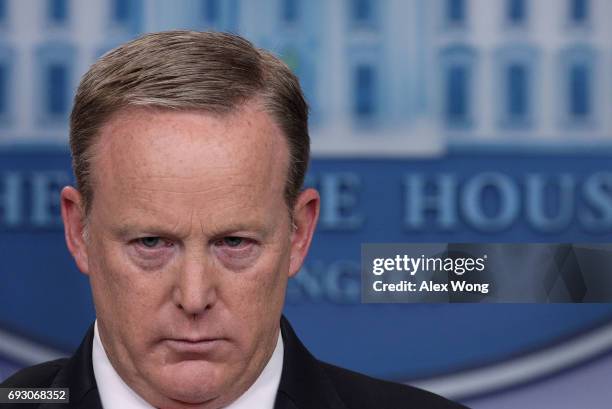 White House Press Secretary Sean Spicer listens during the daily briefing at the James Brady Press Briefing Room of the White House June 6, 2017 in...