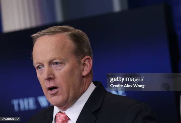 White House Press Secretary Sean Spicer speaks during the daily briefing at the James Brady Press Briefing Room of the White House June 6, 2017 in...