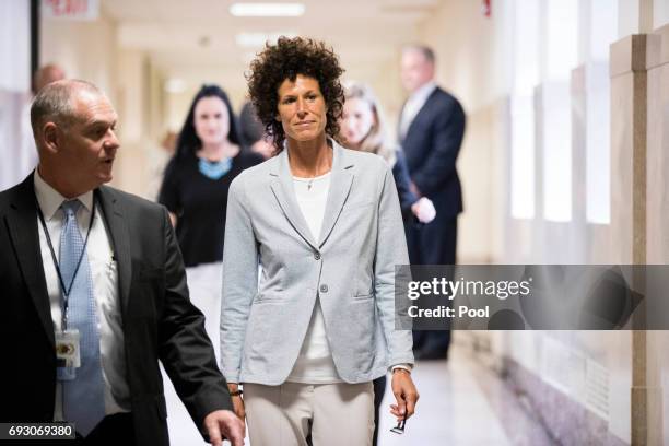 Andrea Constand walks to the courtroom for the trial of actor Bill Cosby on sexual assault charges at the Montgomery County Courthouse on June 6,...