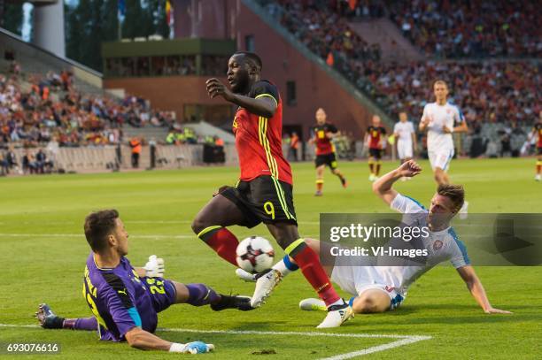 Goalkeeper Jiri Pavlenka of Czech Republic, Romelu Lukaku of Belgium, Tomas Kalas of Czech Republicduring the friendly match between Belgium and...