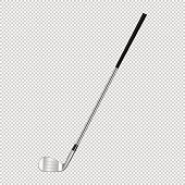 Realistic icon of classic golf club isolated on transparent background. Design template closeup in vector