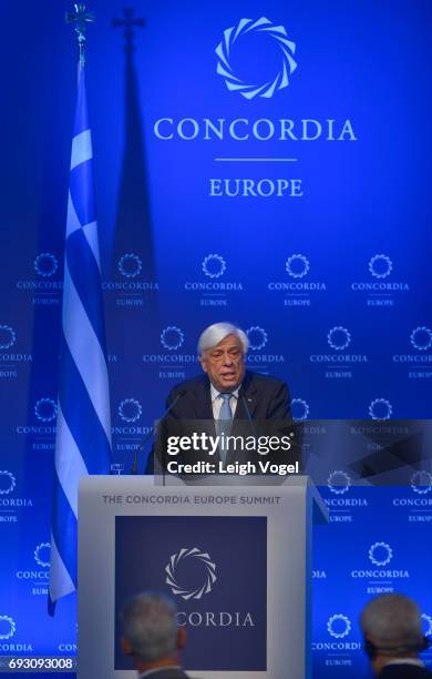 President of the Hellenic Republic Prokopios Pavlopoulos delivers opening remarks at Concordia Europe Summit on June 6, 2017 in Athens, Greece.