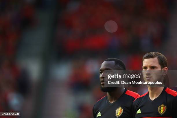 Romelu Lukaku and Jan Vertonghen of Belgium stand for the national anthem prior to the International Friendly match between Belgium and Czech...