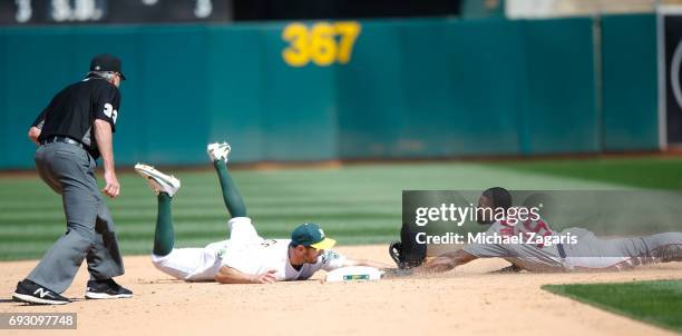 Jackie Bradley Jr. #19 of the Boston Red Sox beats the tag at second by Adam Rosales of the Oakland Athletics during the game at the Oakland Alameda...