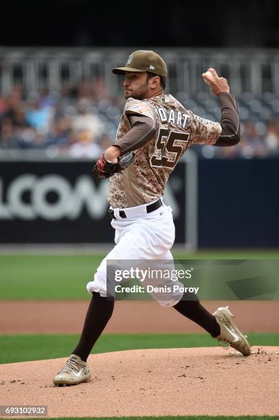 Jarred Cosart of the San Diego Padres pitches during the first inning of a baseball game against the Colorado Rockies at PETCO Park on June 4, 2017...